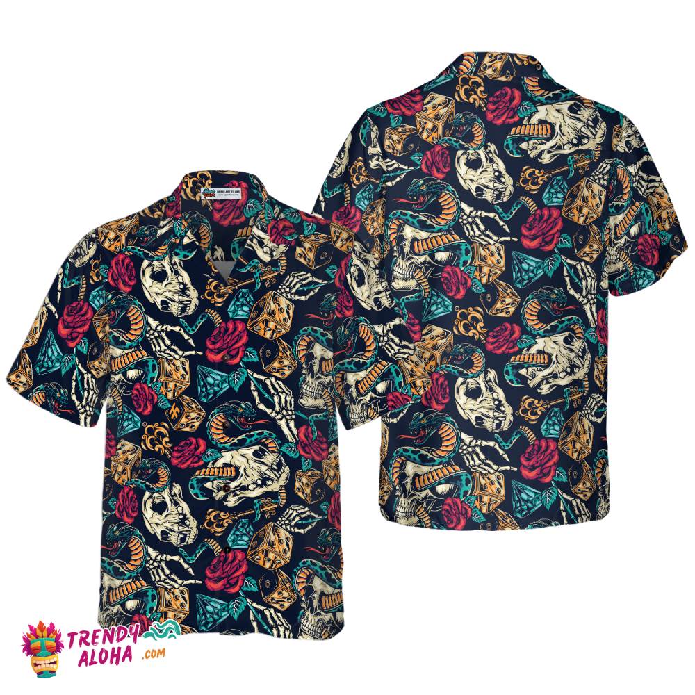 Skulls With Blue Snakes And Red Roses Hawaiian Shirt