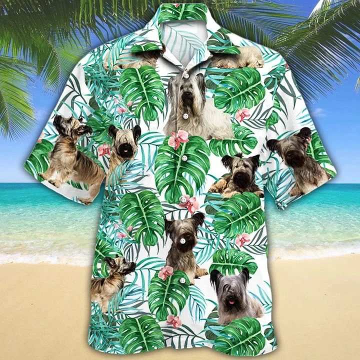 Skye Terrier Dog With Green Monstera Leaves Hawaiian Shirt