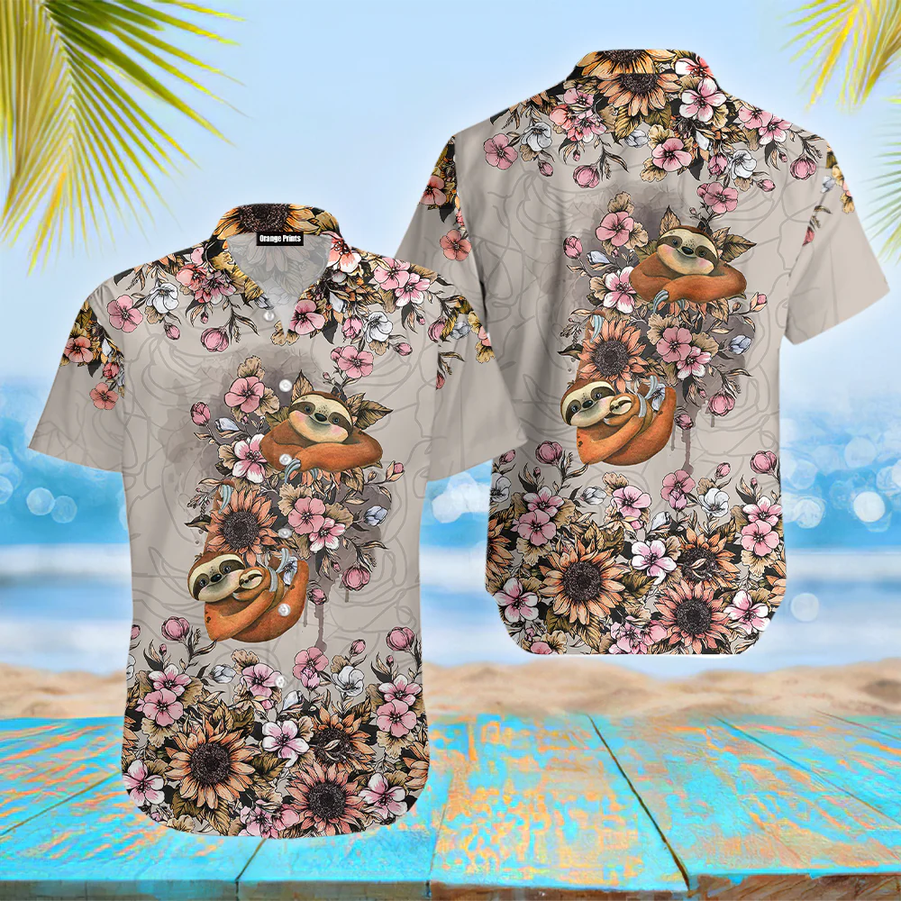 Sloth Flower Hawaiian Shirt for Island Vacation