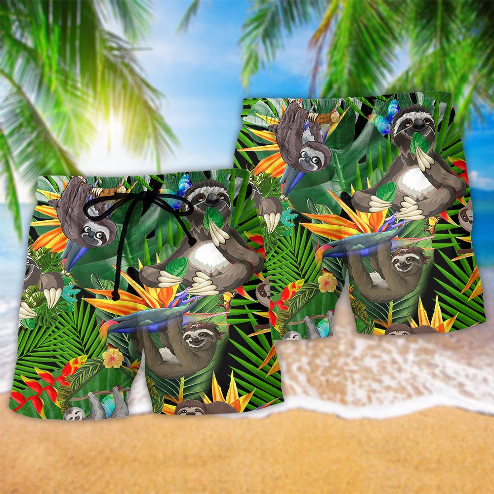 Sloth Happiness All Day Tropical Summer Trendy Aloha Hawaiian Beach Shorts