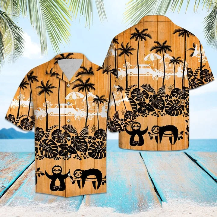 Sloth Palm Tree Sunset Lovers Pattern Trendy Hawaiian Shirt