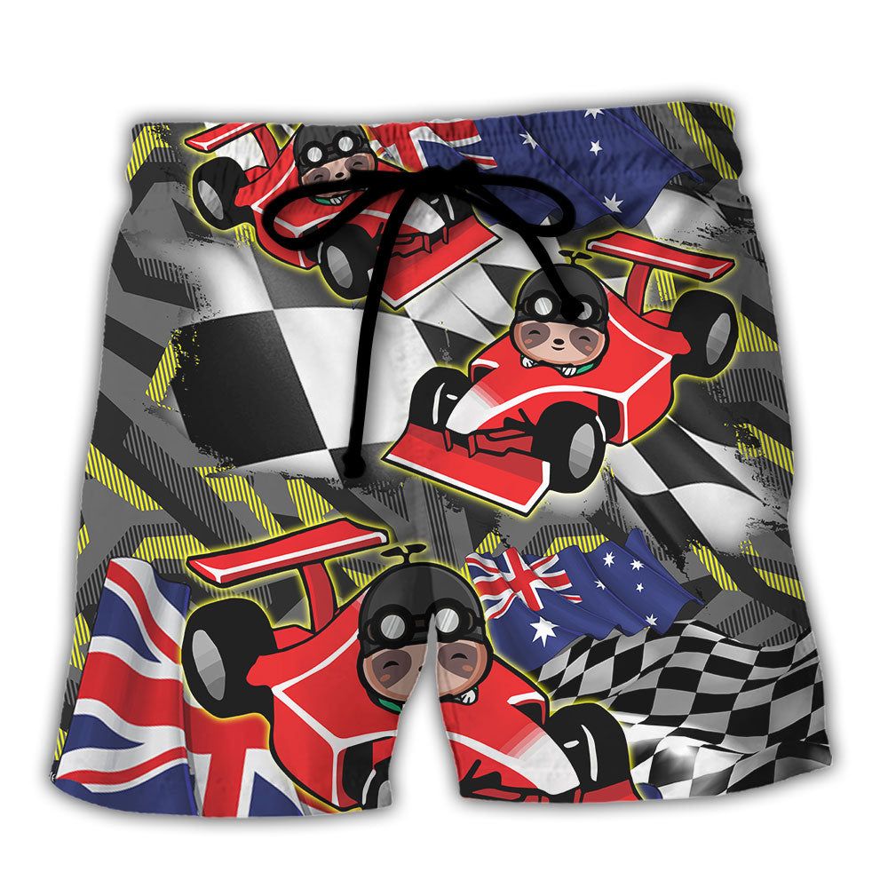 Sloth Racing Formula One Car Racing Art Australian Vibe Trendy Aloha Hawaiian Beach Shorts Sloth Racing Formula One Car Racing Art Australian Vibe Trendy Aloha Hawaiian Beach Shorts