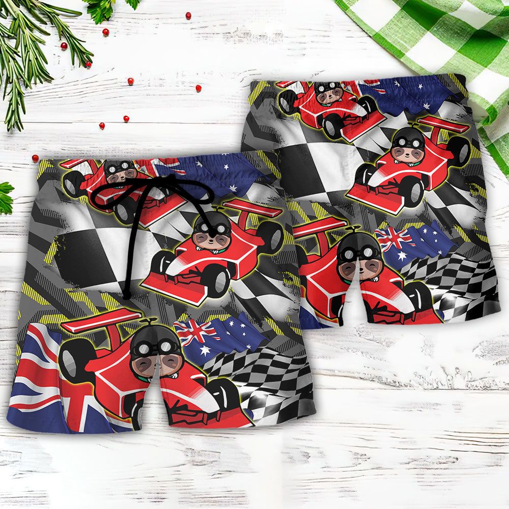 Sloth Racing Formula One Car Racing Art Australian Vibe Trendy Aloha Hawaiian Beach Shorts