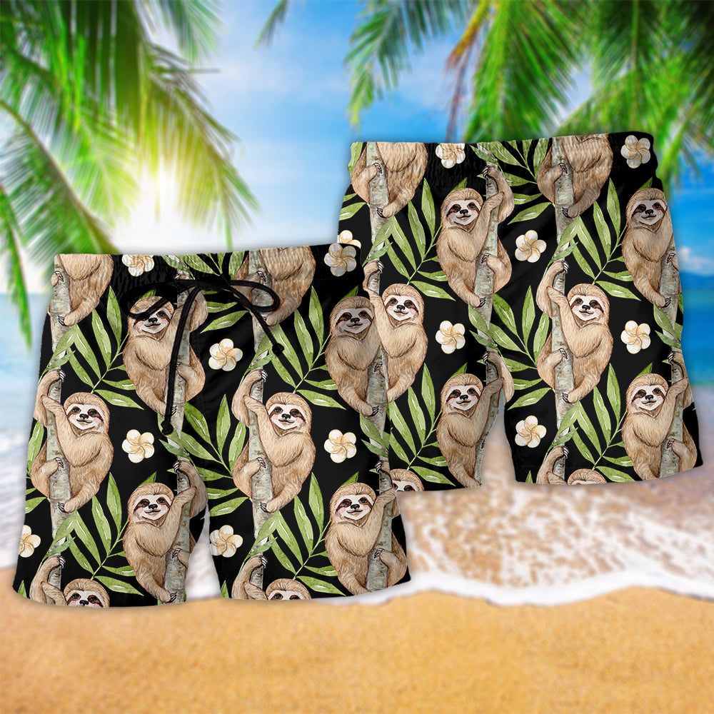 Sloth Tropical Leaf Floral Trendy Aloha Hawaiian Beach Shorts