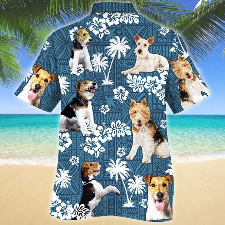Smart Wire Fox Terrier Dog Blue Tribal Pattern Tropical Forest Trendy Hawaiian Shirt