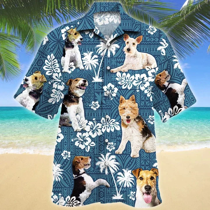 Smart Wire Fox Terrier Dog Blue Tribal Pattern Tropical Forest Trendy Hawaiian Shirt