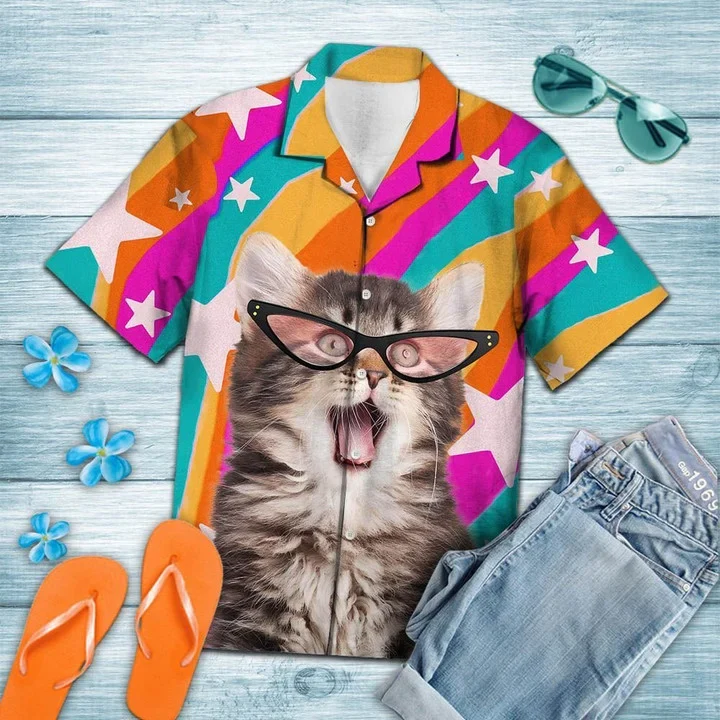 Smiling Cat with Pink Glasses Hawaiian Shirt for Cat Lovers