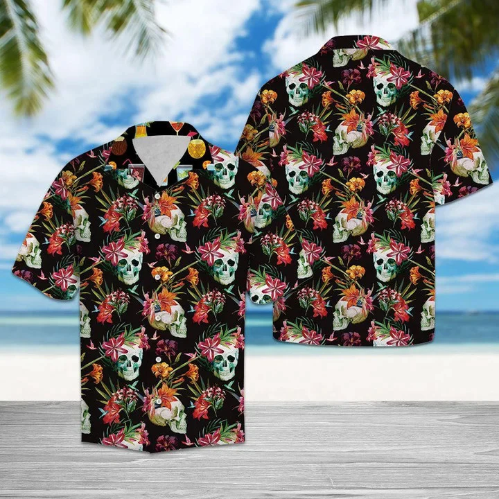 Smiling Skull Tropical Flower Trendy Hawaiian Shirt, Summer Aloha Hawaii Shirt