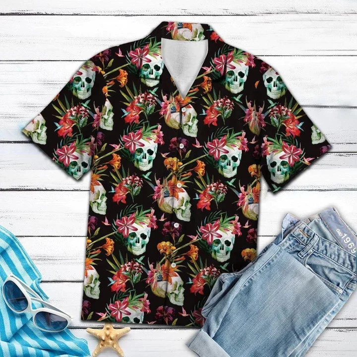 Smiling Skull Tropical Flower Trendy Hawaiian Shirt, Summer Aloha Hawaii Shirt Smiling Skull Tropical Flower Trendy Hawaiian Shirt, Summer Aloha Hawaii Shirt