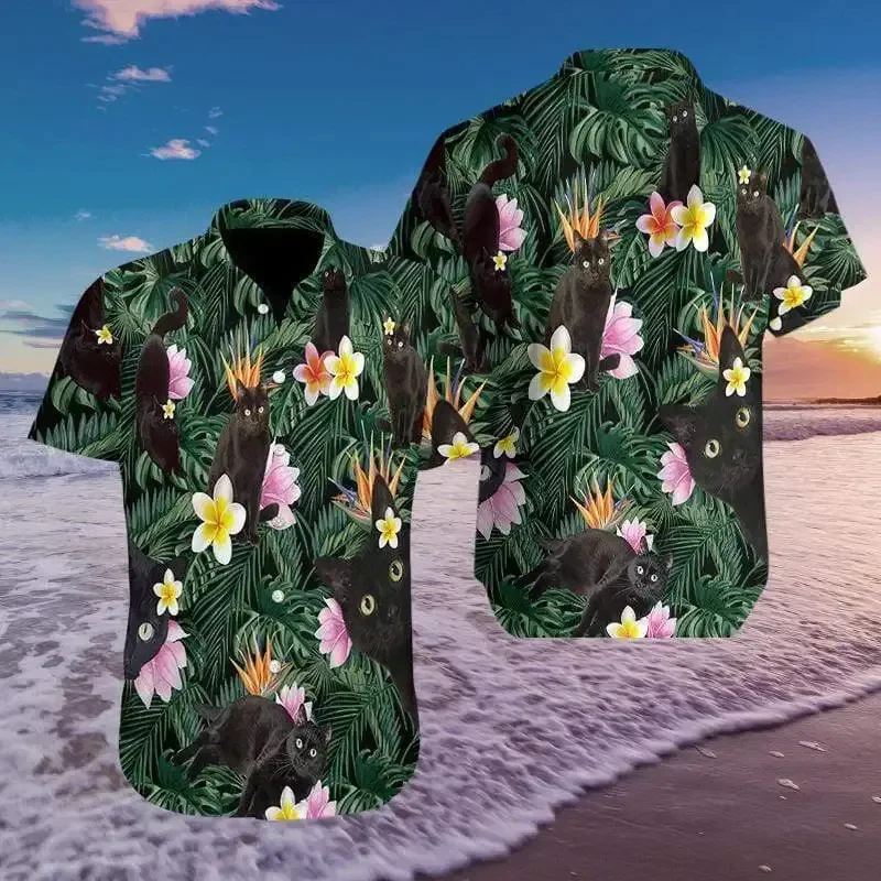 So Cute Black Cat Tropical Colorful Trendy Hawaiian Shirt