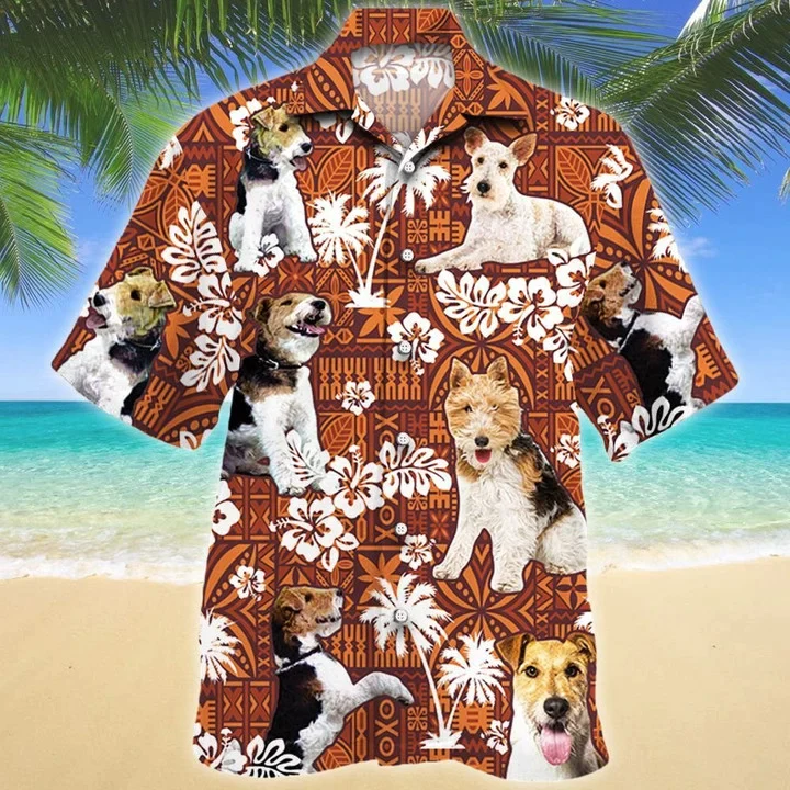 So Cute Wire Fox Terrier Dog Red Tribal Pattern Trendy Hawaiian Shirt