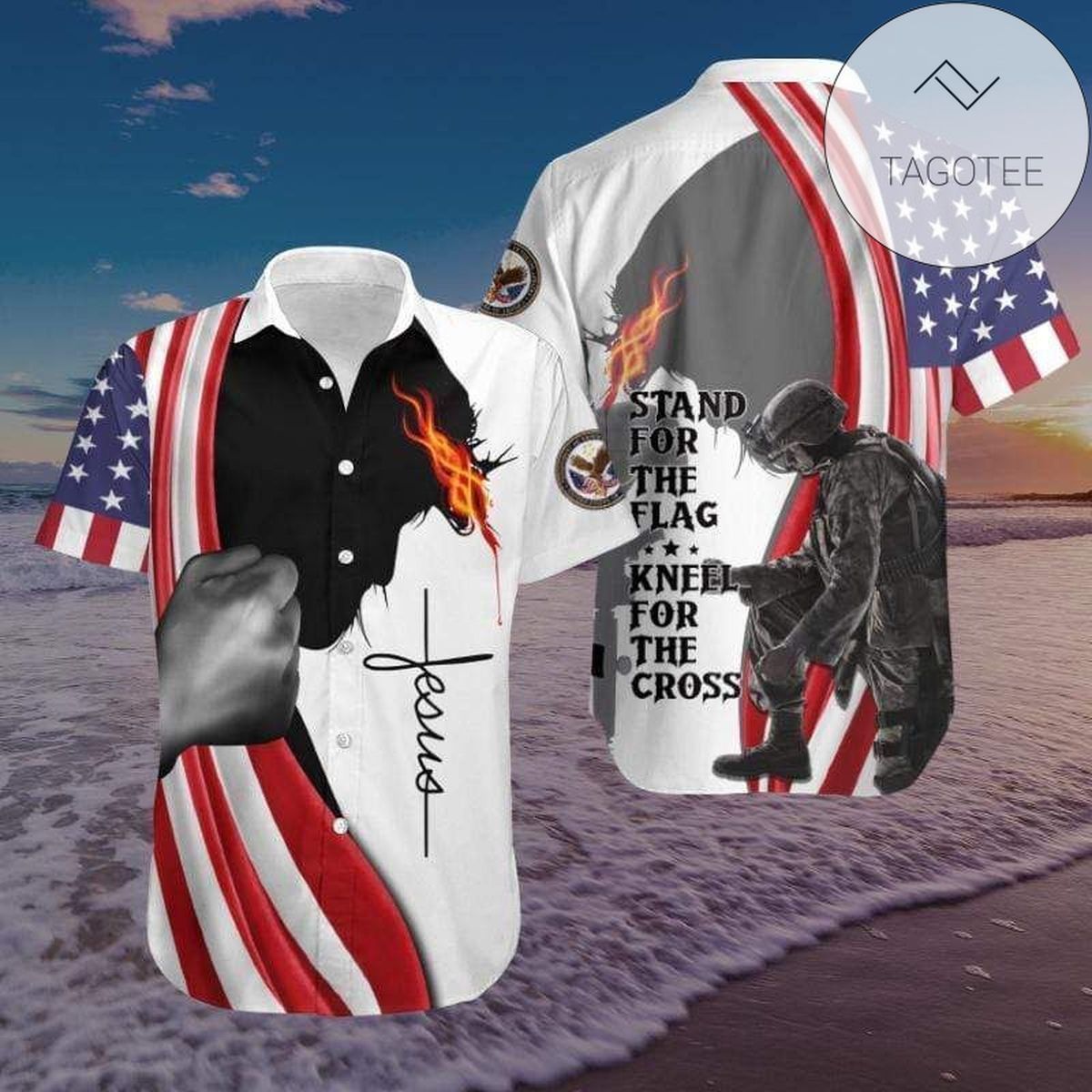 Soldier Stand For Flag Kneel For Cross White Hawaiian Shirt