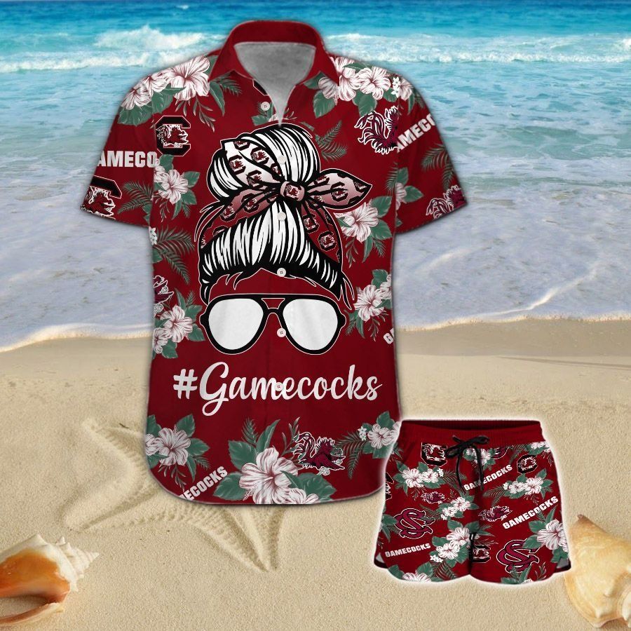South Carolina Gamecocks Girl Messy Bun Short Sleeve Button Up Tropical Hawaiian Shirt