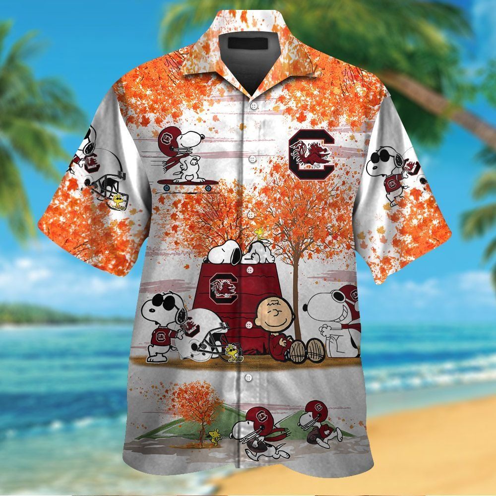 South Carolina Gamecocks Snoopy Autumn Short Sleeve Button Up Tropical Hawaiian Shirt