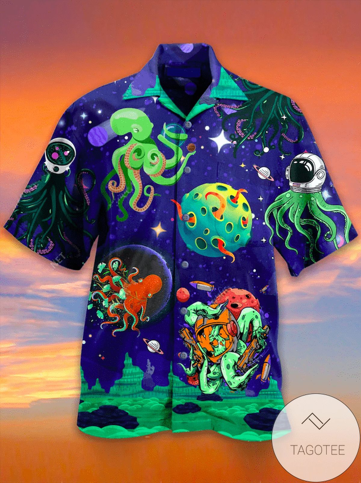 Space Adventures Of Astronaut Octopus Illustrated On Hawaiian Shirt