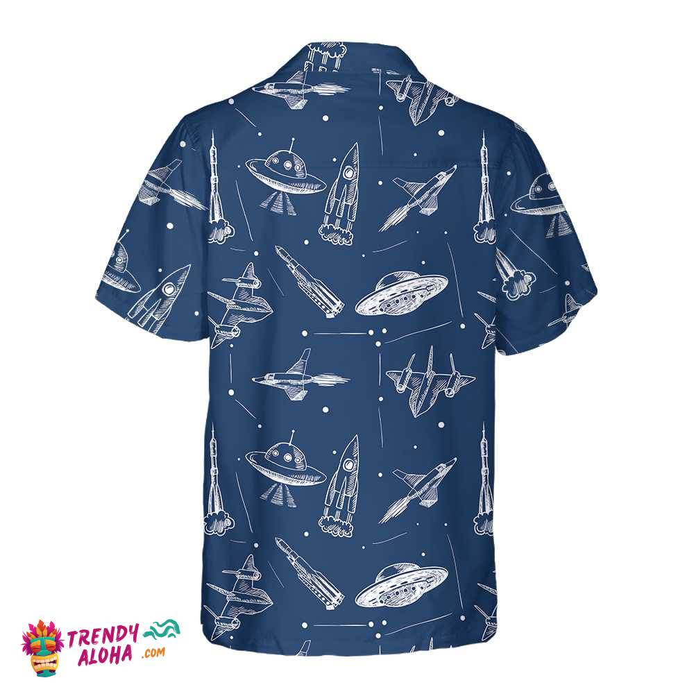 Space Aircraft Seamless Pattern Hawaiian Shirt, Navy Aircraft Aviation Shirt For Men