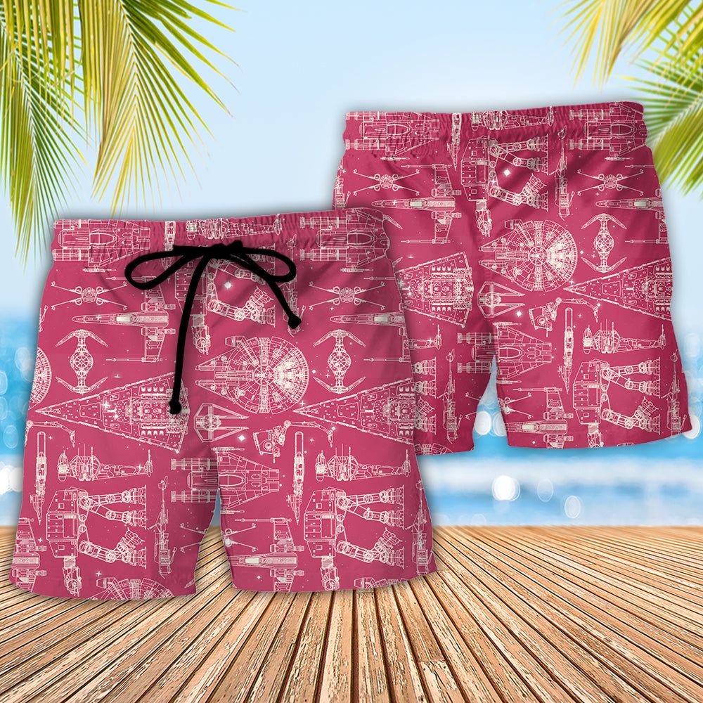 Space Ships Starwars Pink Trendy Aloha Hawaiian Beach Shorts