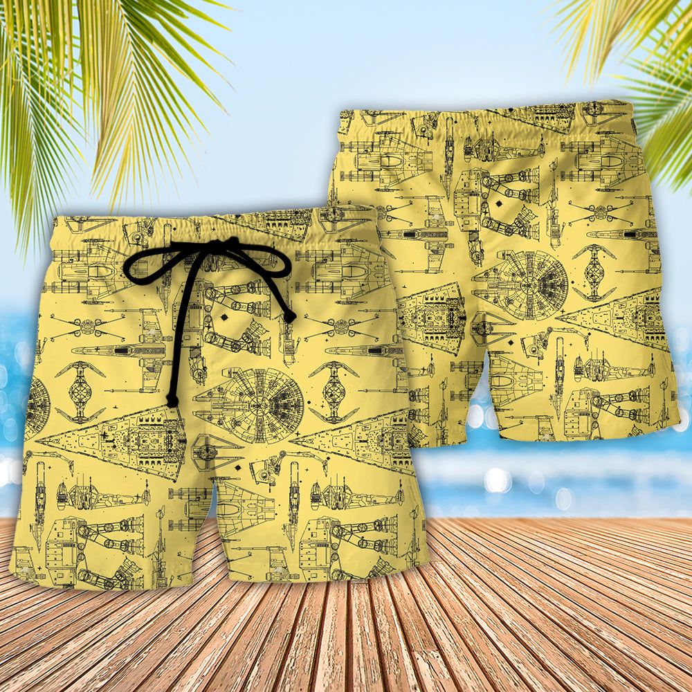 Space Ships Starwars Yellow Trendy Aloha Hawaiian Beach Shorts