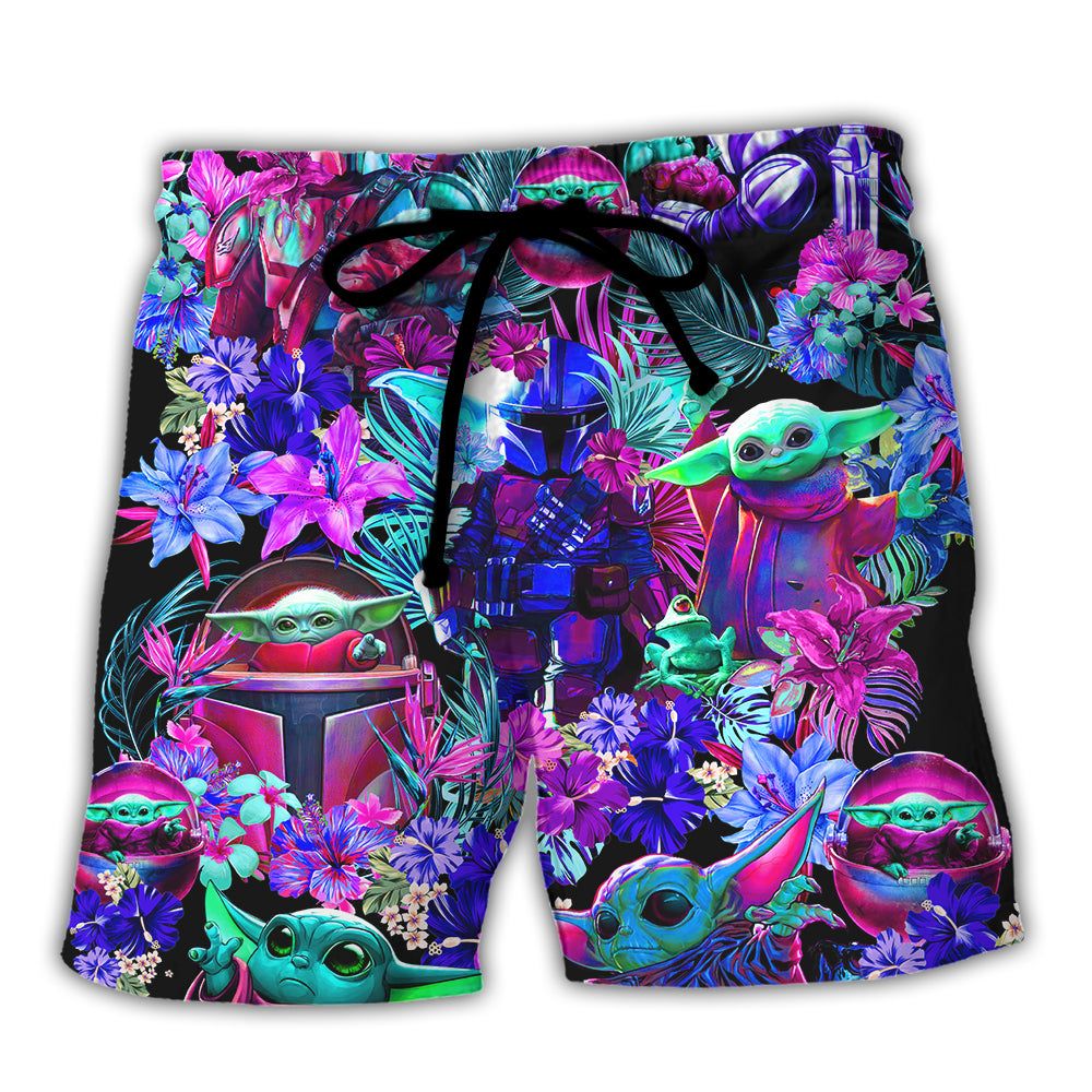 Special Starwars Baby Yoda Synthwave Trendy Aloha Hawaiian Beach Shorts Special Starwars Baby Yoda Synthwave Trendy Aloha Hawaiian Beach Shorts