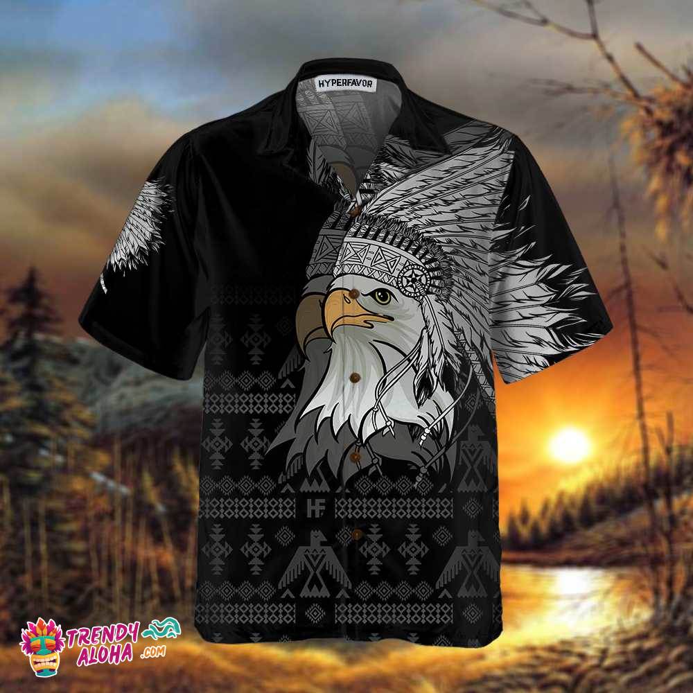 Spirit Eagle With Headdress Native American Hawaiian Shirt, Tribal Black And White Pattern Native American Shirt