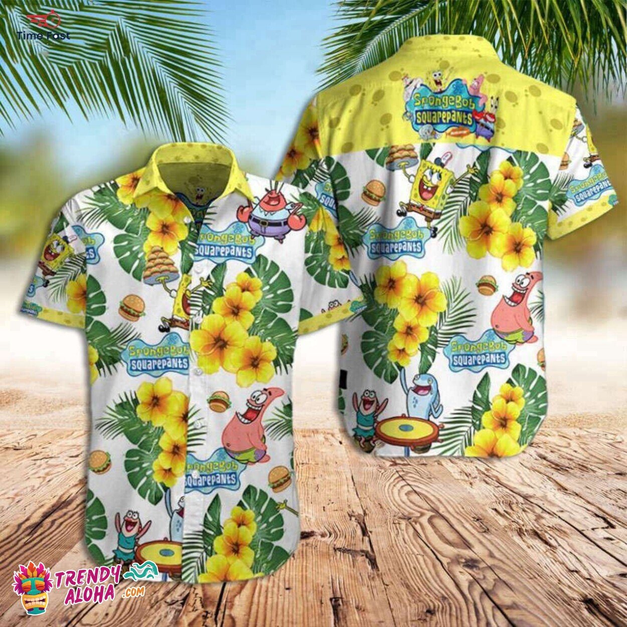Spongebob SquarePants Stylish Tropical Floral Leaves Hawaiian Shirt