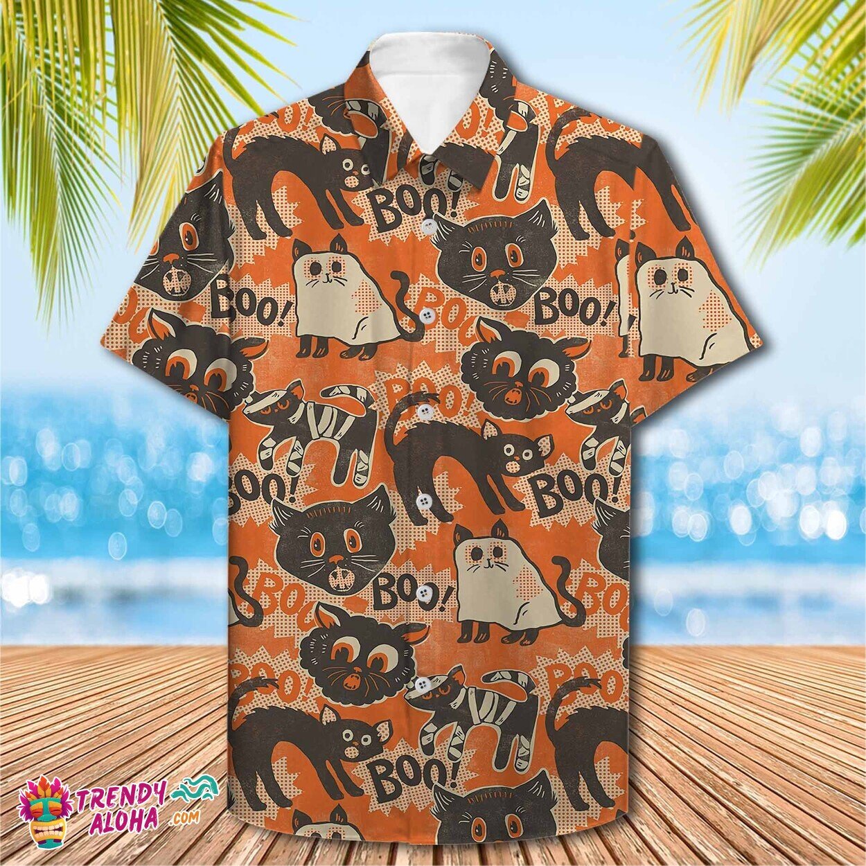 Spooktacular Black Cat Halloween Scene Premium Hawaiian Shirt