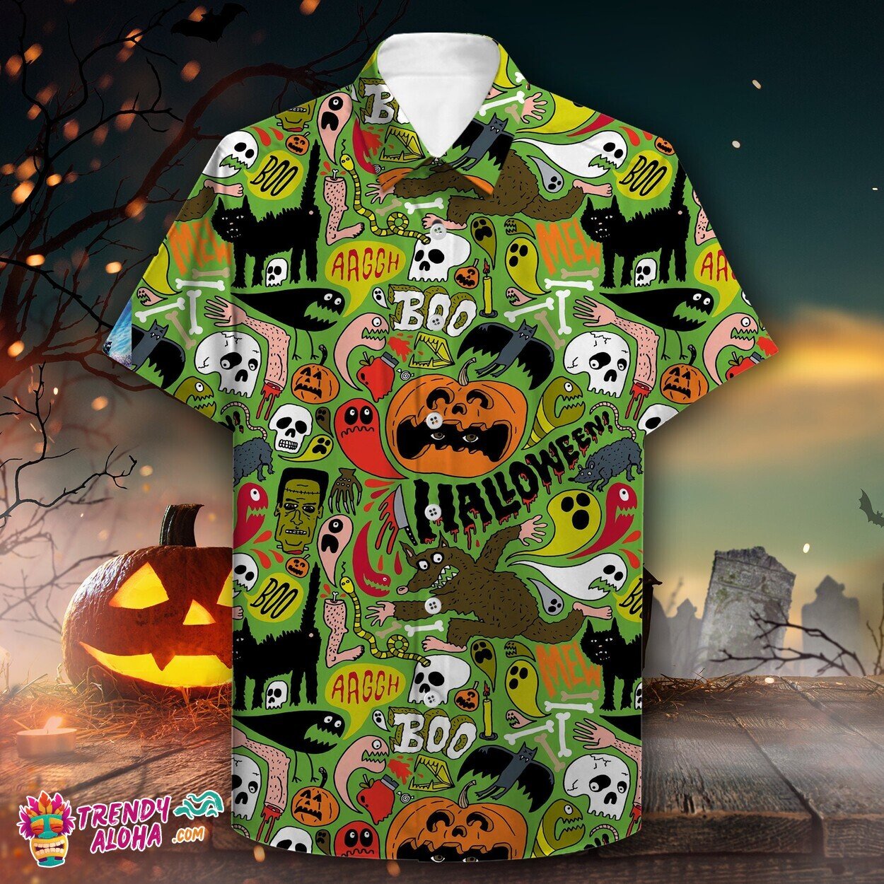 Spooktacular Pumpkin Black Cat Castle Ghost Halloween Hawaiian