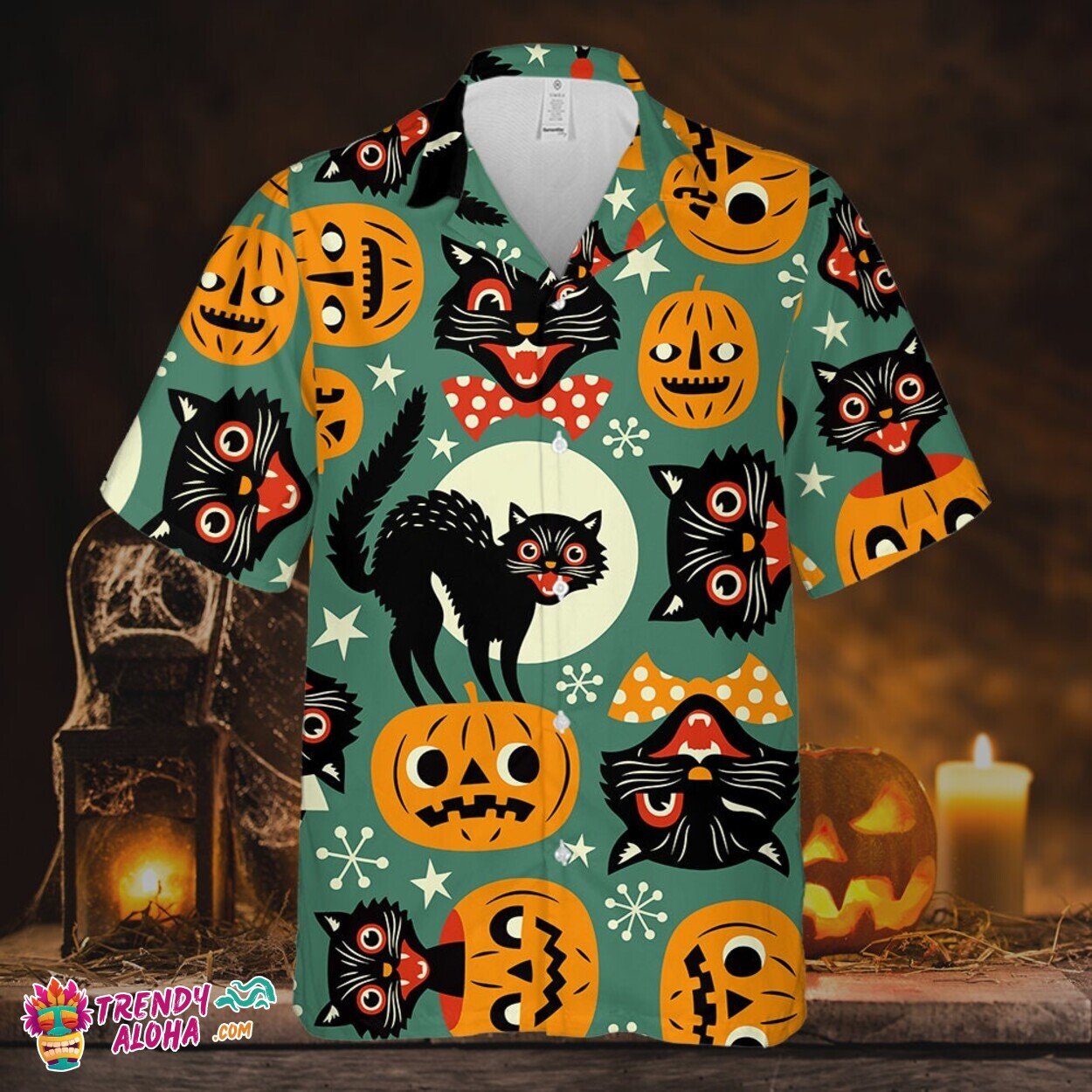 Spooky Black Cat Pumpkin Halloween Scene Premium Hawaiian Shirt