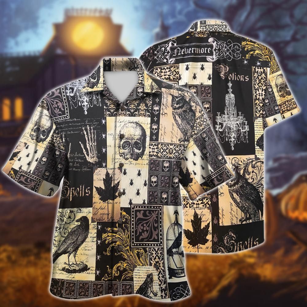 Spooky Gothic Owl and Skull Hawaiian Halloween Shirt