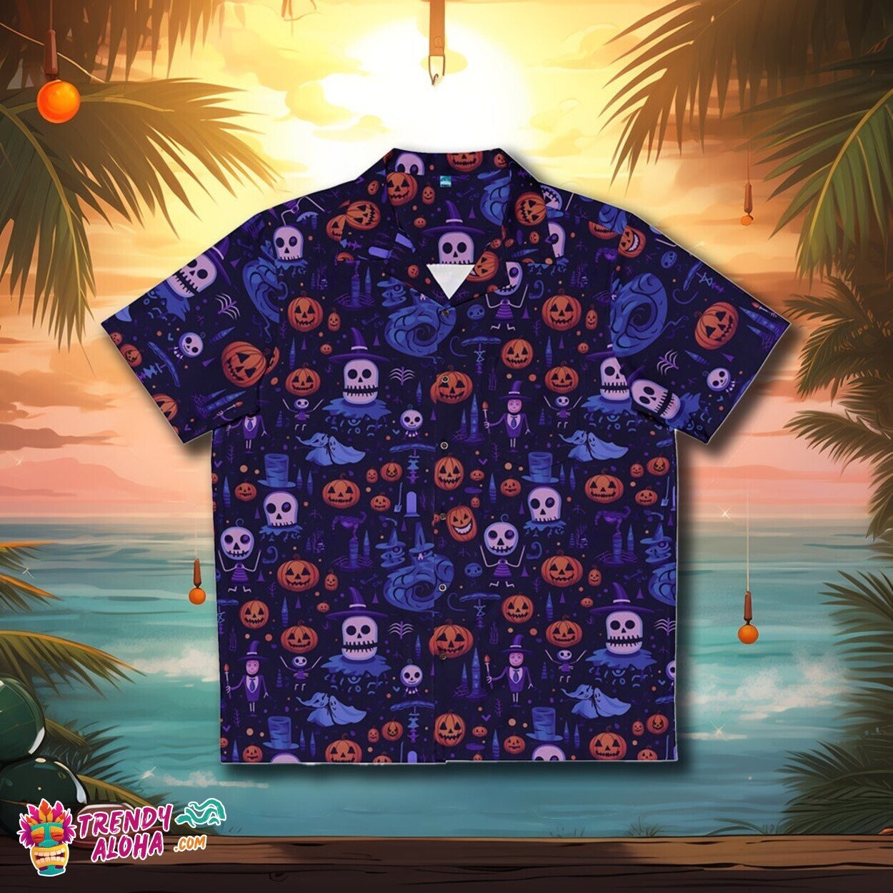 Spooky Halloween Fun Print Casual Tropical Button-Up Aloha Shirt