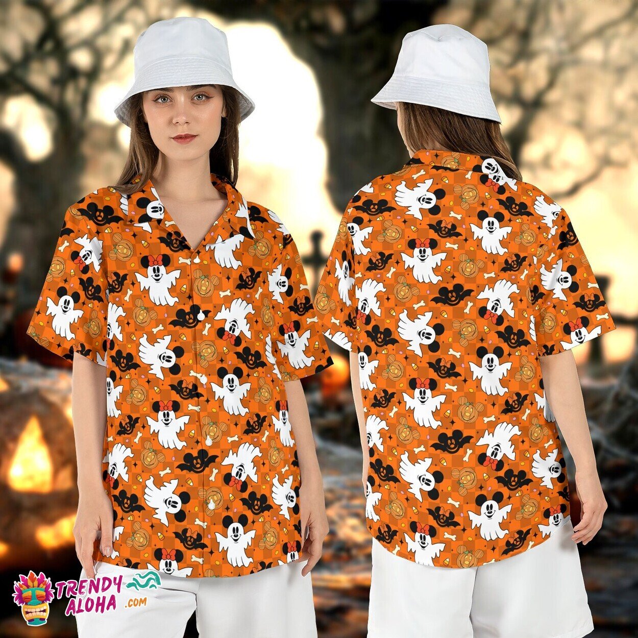 Spooky Mickey Minnie Ghost Halloween Boo Pumpkins Aloha Shirt Tee