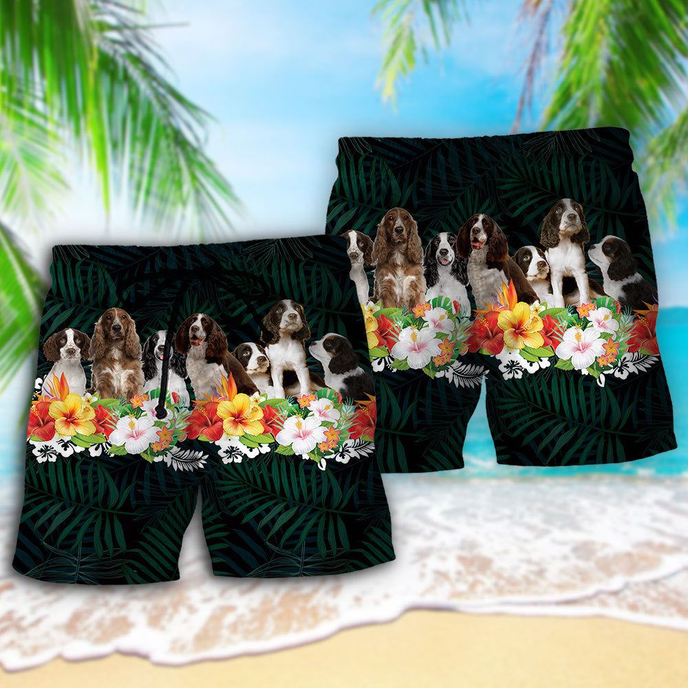 Springer Spaniel Dog Tropical Floral Trendy Aloha Hawaiian Beach Shorts