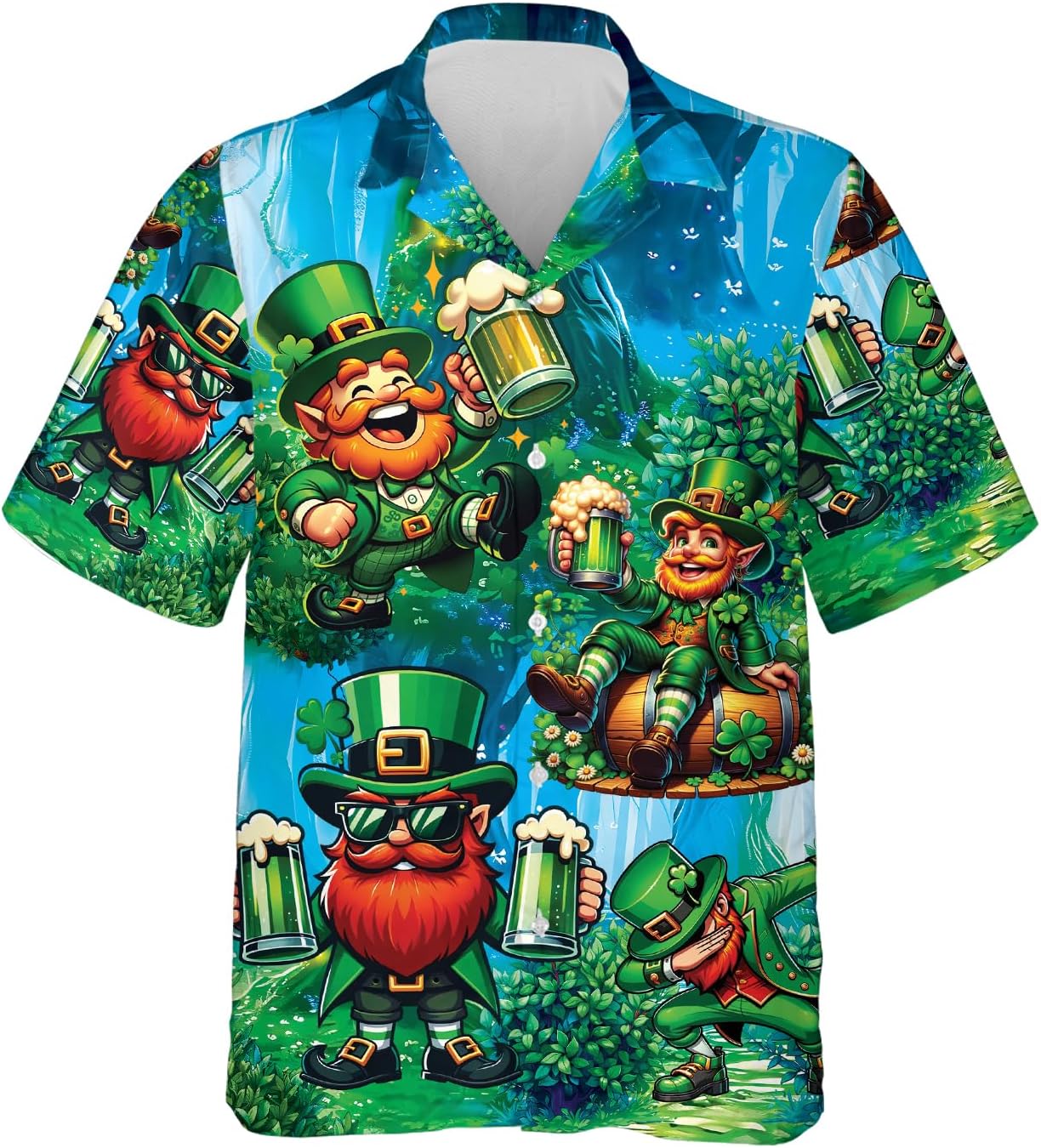 St Patrick’s Day Funny Leprechaun Men Hawaiian Shirt Lucky Shamrock Irish Party Aloha Beach