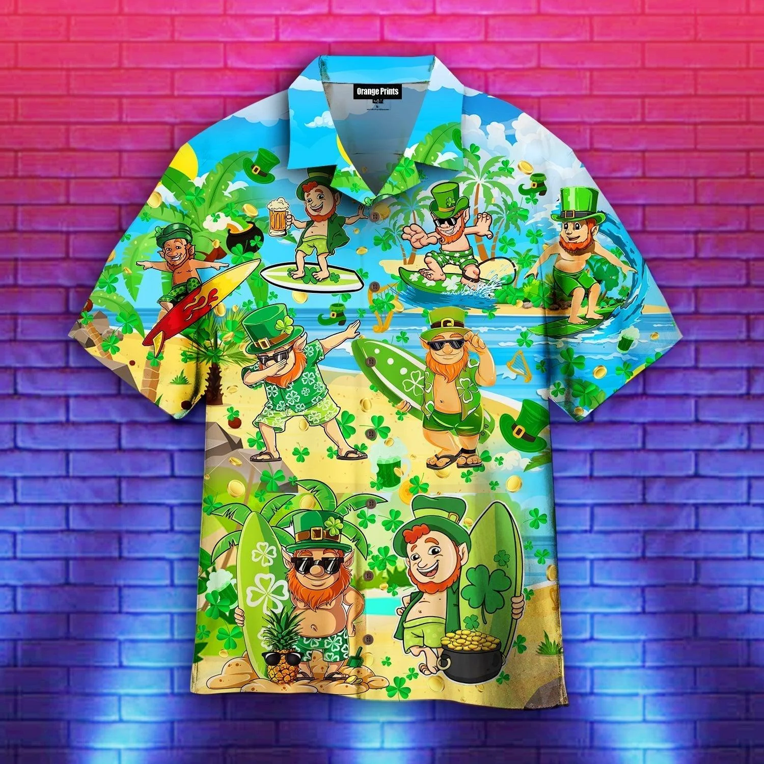 St Patricks Day Green Hawaiian Irish Leprechaun Surfer Surf Trendy Hawaiian Shirt For