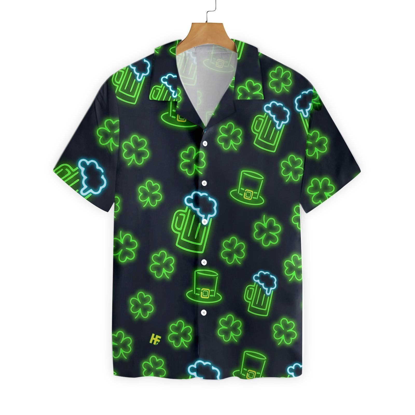 St Patrick’s Day Hawaii Shirt Beer Cup Hat Clover Neon Light Black Aloha Shirt St Patrick’s Day Shirt