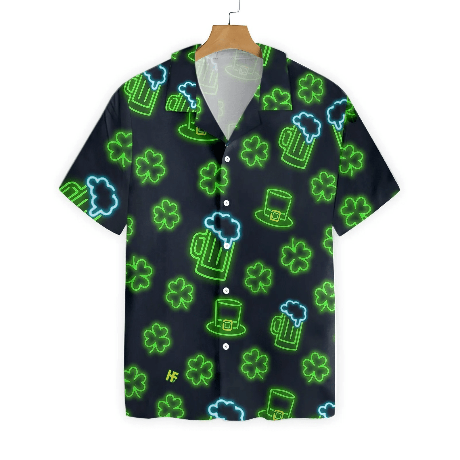 St Patrick’s Day Hawaii Shirt Beer Cup Hat Clover Neon Light Black Aloha Shirt St Patrick’s Day Trendy Hawaiian Shirt