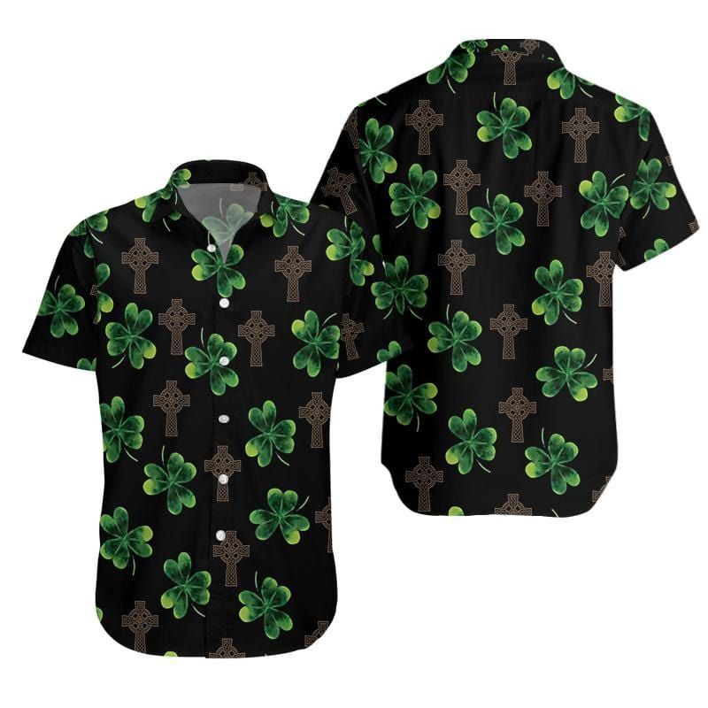 St Patricks Day Hawaii Shirt Celtic Cross Clover Black Aloha Shirt St Patricks Day Hawaiian Shirt
