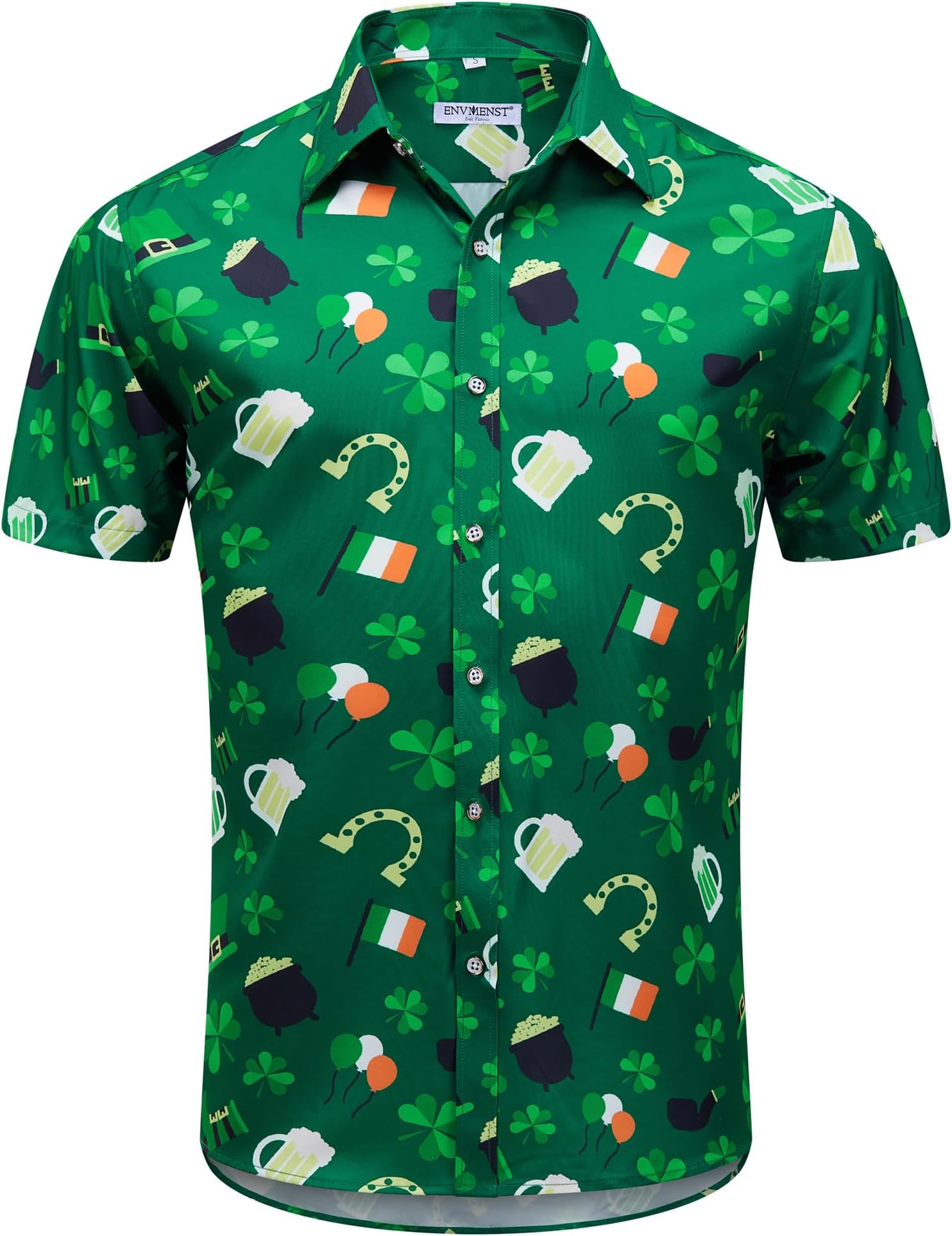 St Patrick’s Day Mens Casual Hawaiian Shirt Irish Clover Printed Short Sleeve Button Up