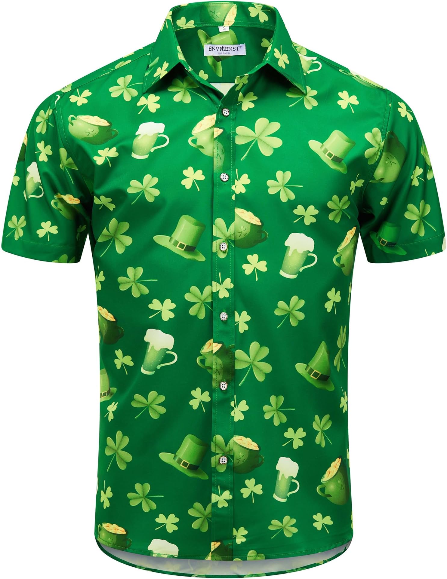 St Patrick’s Day Mens Hawaiian Shirt Irish Clover Print For Holiday Party Green Outfit Shirt