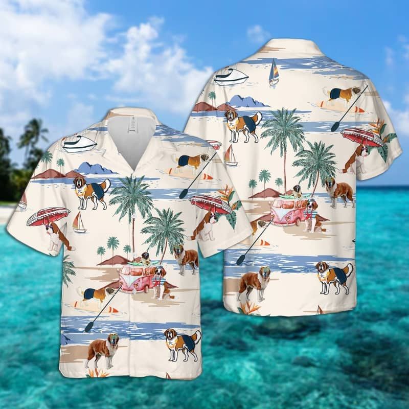 St. Bernard Summer Beach Trendy Hawaiian Shirt, Dog Beach Short Sleeve Trendy Hawaiian Shirt