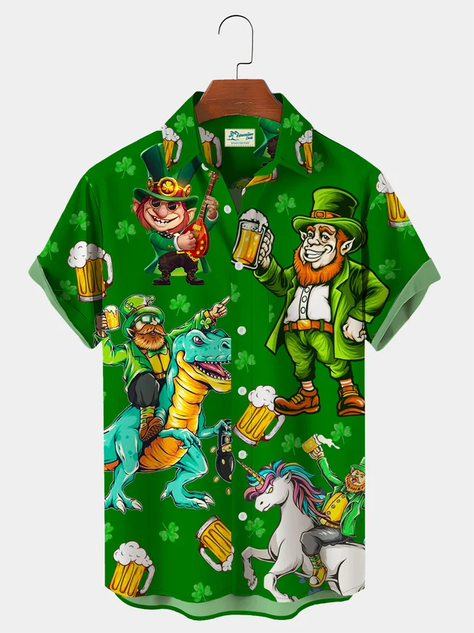 St. Patrick’s Day Green Shamrock Dinosaur Fun Print Trendy Hawaiian Shirt Plus Size Vacation Shirt