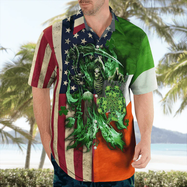 St. Patrick’s Day Trendy Hawaiian Shirt, Irish Grim Reaper Irish Flag And American Flag Hawaii Shirt