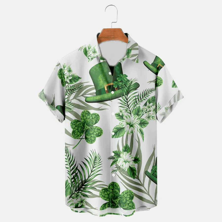 St. Patrick’s Gnome Shamrock American Flag Print Men’s Trendy Hawaiian Shirt