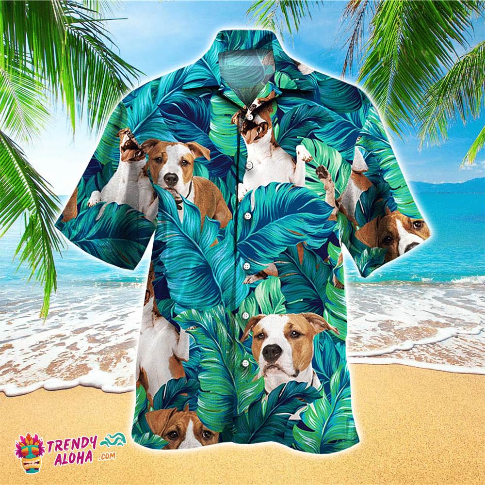Staffordshire Bull Hawaiian Shirt Tropical Leaves, Aloha Hawaiian Shirts