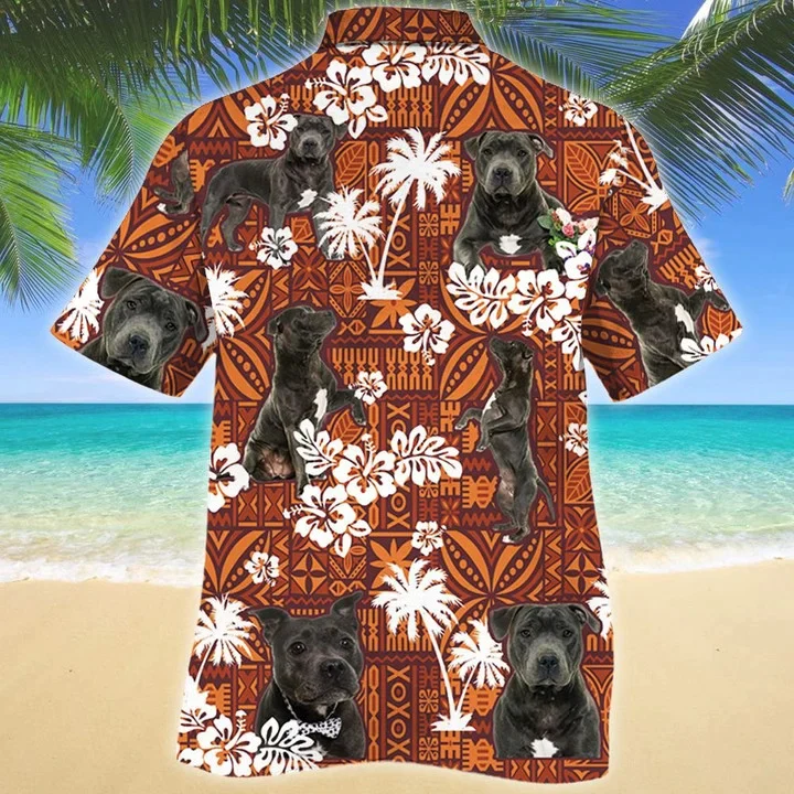 Staffordshire Bull Terrier Dog Red And Orange Tribal Pattern Trendy Hawaiian Shirt