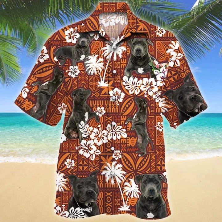Staffordshire Bull Terrier Dog Red And Orange Tribal Pattern Trendy Hawaiian Shirt Staffordshire Bull Terrier Dog Red And Orange Tribal Pattern Trendy Hawaiian Shirt