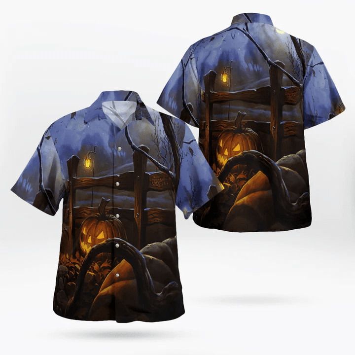 Starry Night Halloween Pumpkin Trendy Hawaiian Shirt, Unisex Print Aloha Short Sleeve Casual Shirt