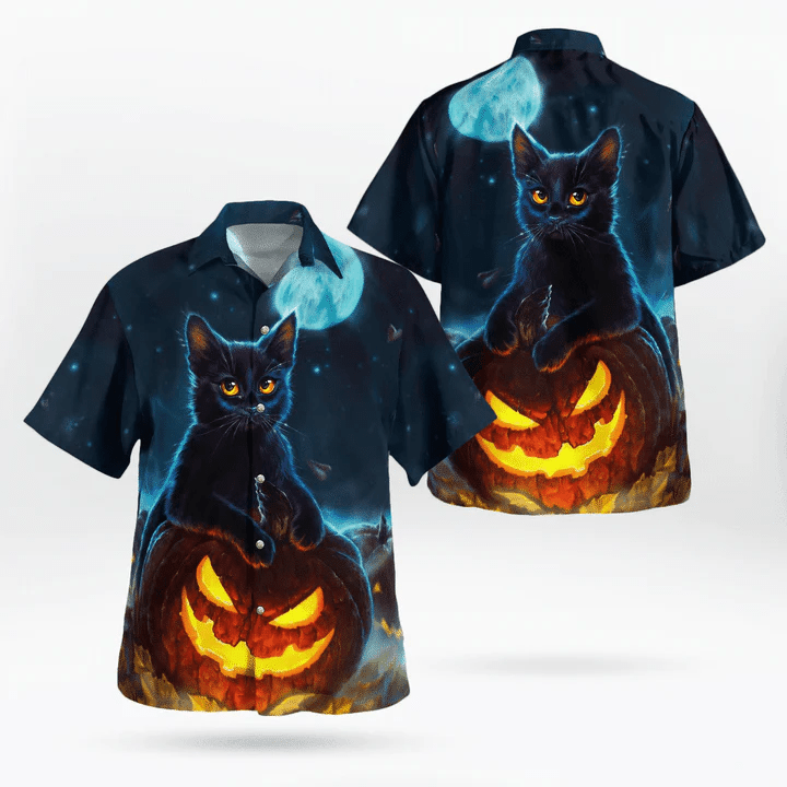 Starry Night with Spooky Pumpkin and Cat Halloween Hawaiian Shirt
