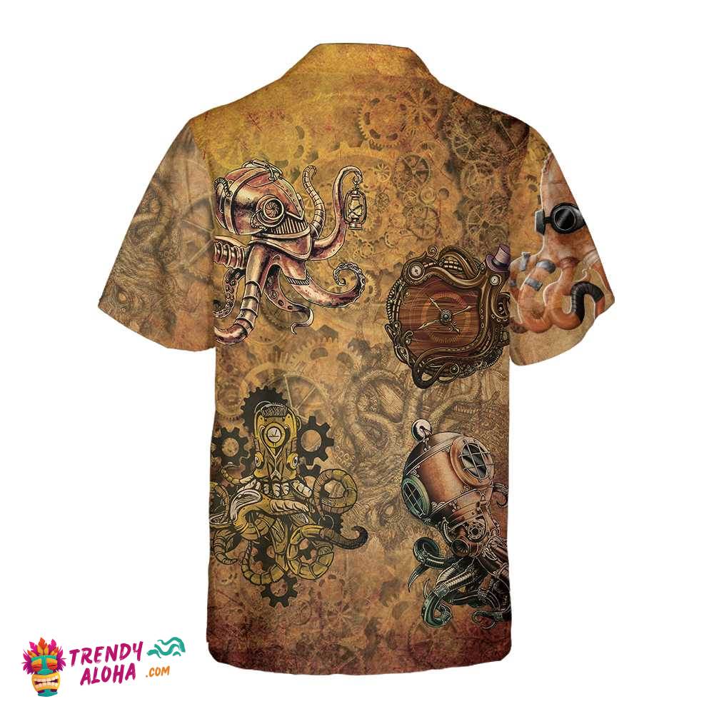 Steampunk Octopus Hawaiian Shirt, Short Sleeve Octopus Shirt, Unique Octopus Beach Shirt For Men