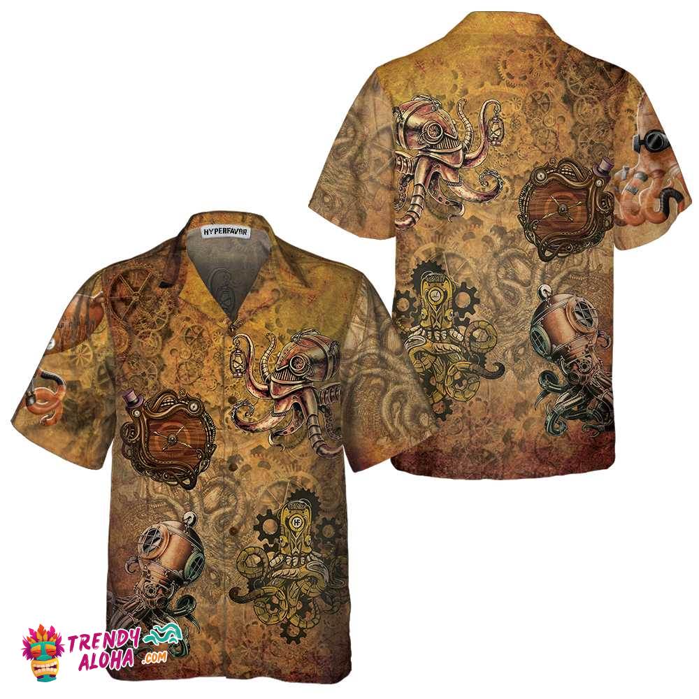 Steampunk Octopus Hawaiian Shirt, Short Sleeve Octopus Shirt, Unique Octopus Beach Shirt For Men Steampunk Octopus Hawaiian Shirt, Short Sleeve Octopus Shirt, Unique Octopus Beach Shirt For Men